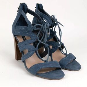 PARKER & Sky Strappy Sandal Gladiator Block High Heels Blue Butterfly Zip Up 7.5